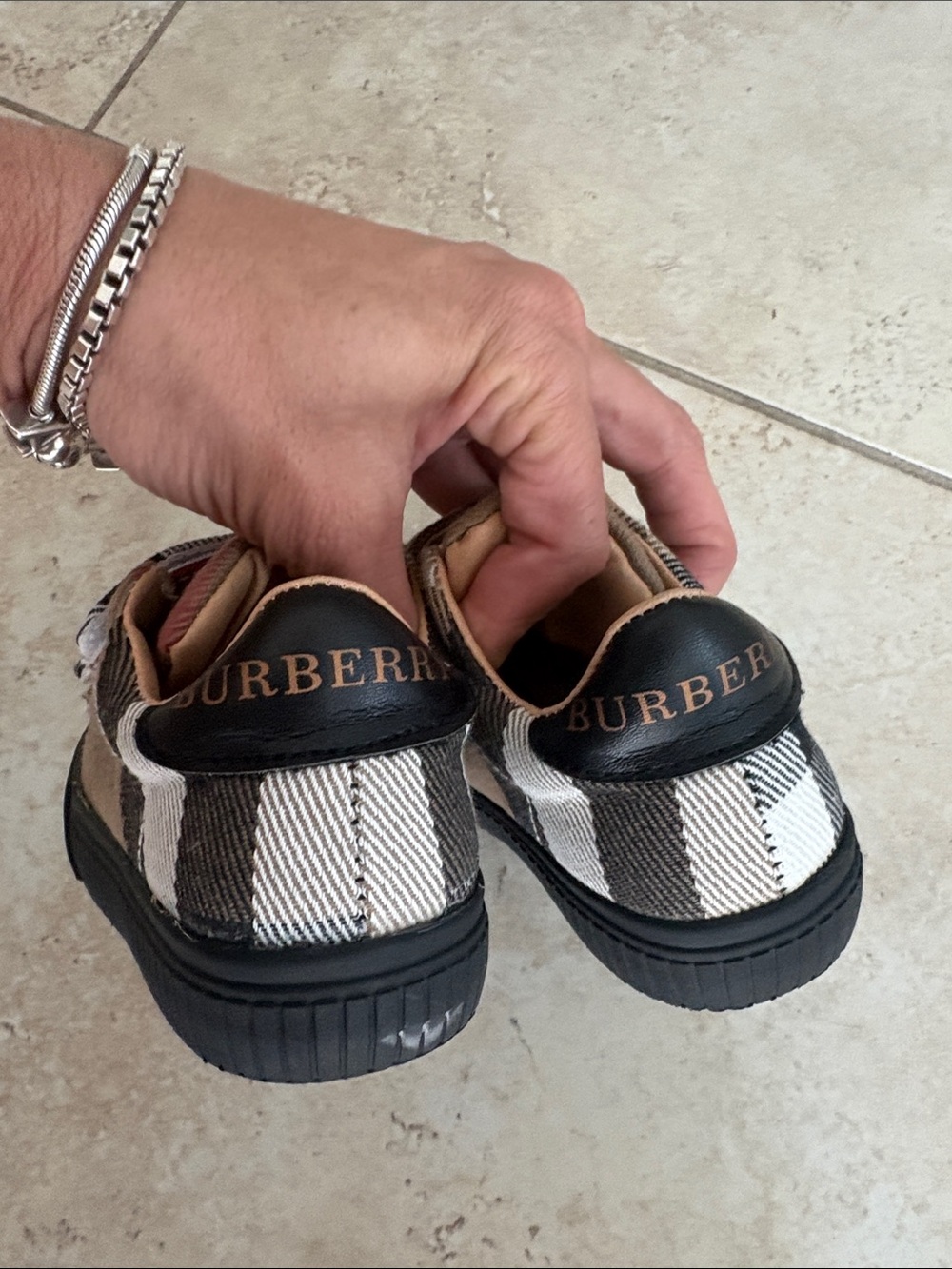 Burberry Kids Plaid Velcro Sneakers in Beige, Black and Pink - Picture 3 of 5